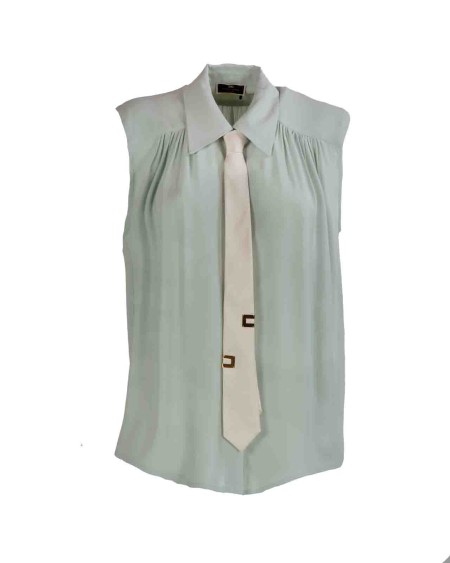 Shop ELISABETTA FRANCHI  Shirt: Elisabetta Franchi flared shirt in viscose georgette with lettering tie.
Padded shoulder straps.
Matching buttons.
Golden metal accessory.
Fabric: 100% Viscose.
Made in Italy.. CA03941E2-BV9ACQUA 